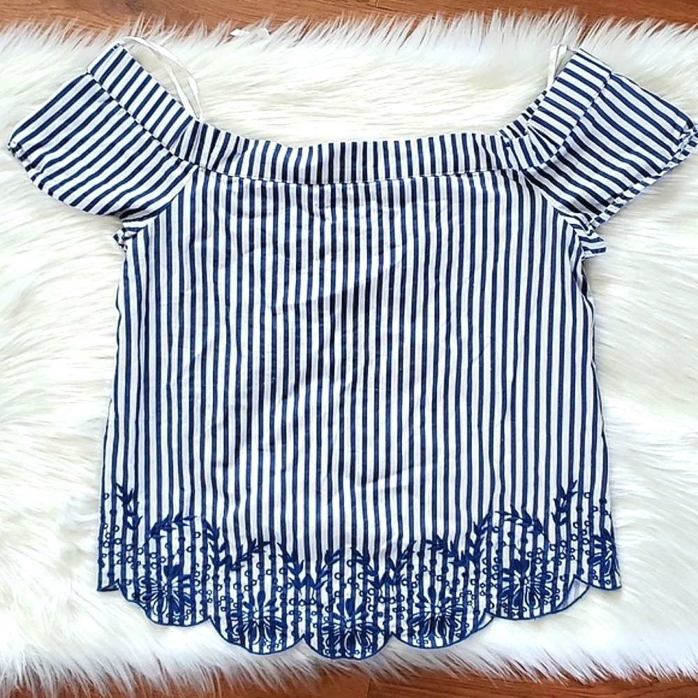 Dizzylizzy Navy Blue Striped Scoop Neck Off Shoulder Nautical Embroidered Top M